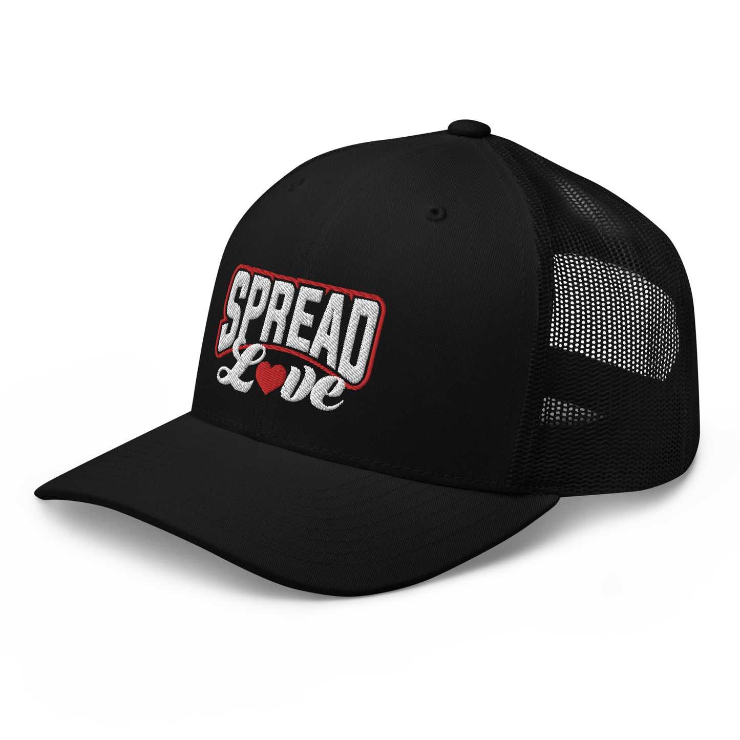 A black  trucker cap with a breathable mesh back, featuring the text 'SPREAD LOVE' in red and a red heart symbol on the front.
