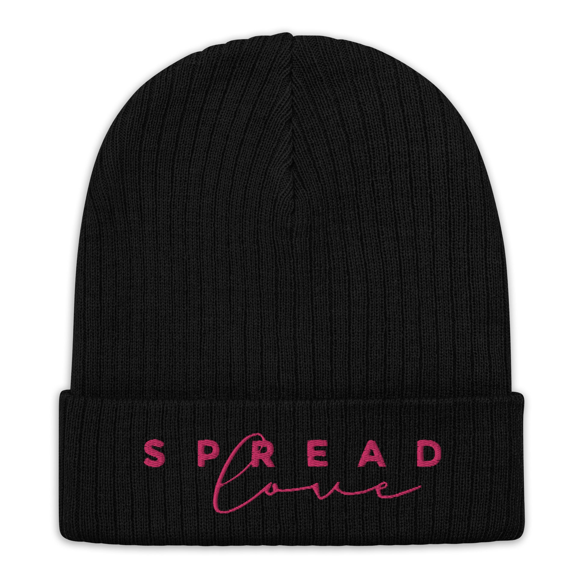  black ribbed knit beanie with "Spread Love" written on the fold in pink text 