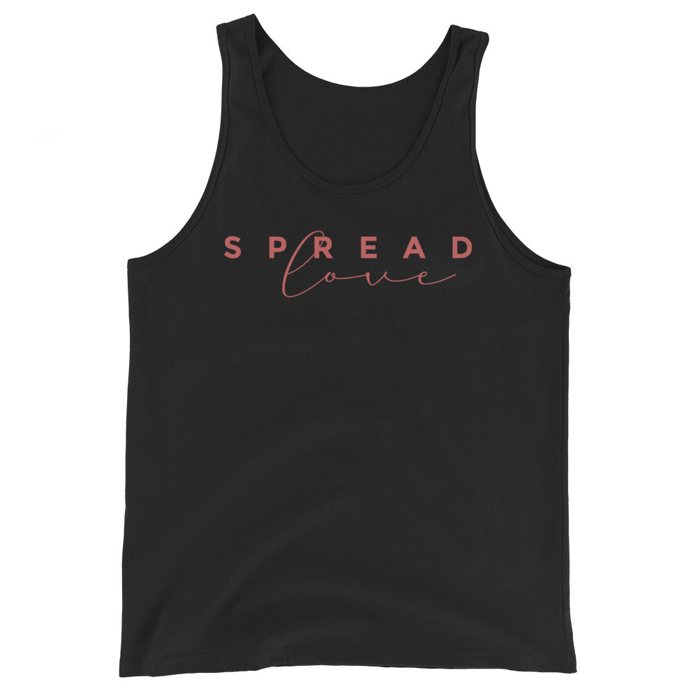 Black tank top with 'SPREAD LOVE' text in pink on a white background