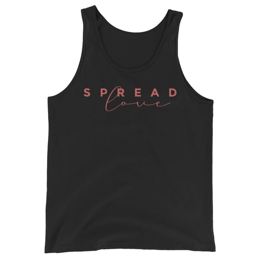 Black tank top with 'SPREAD LOVE' text in pink on a white background