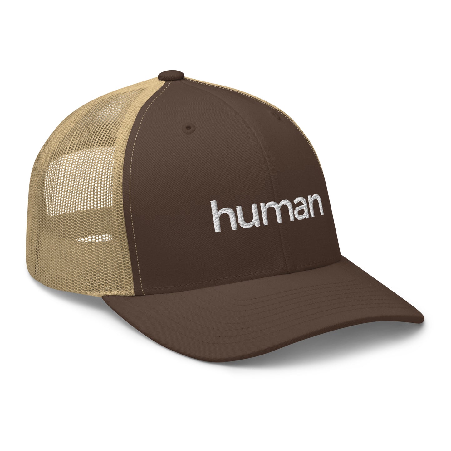 brown-khaki human retro trucker hat against white background