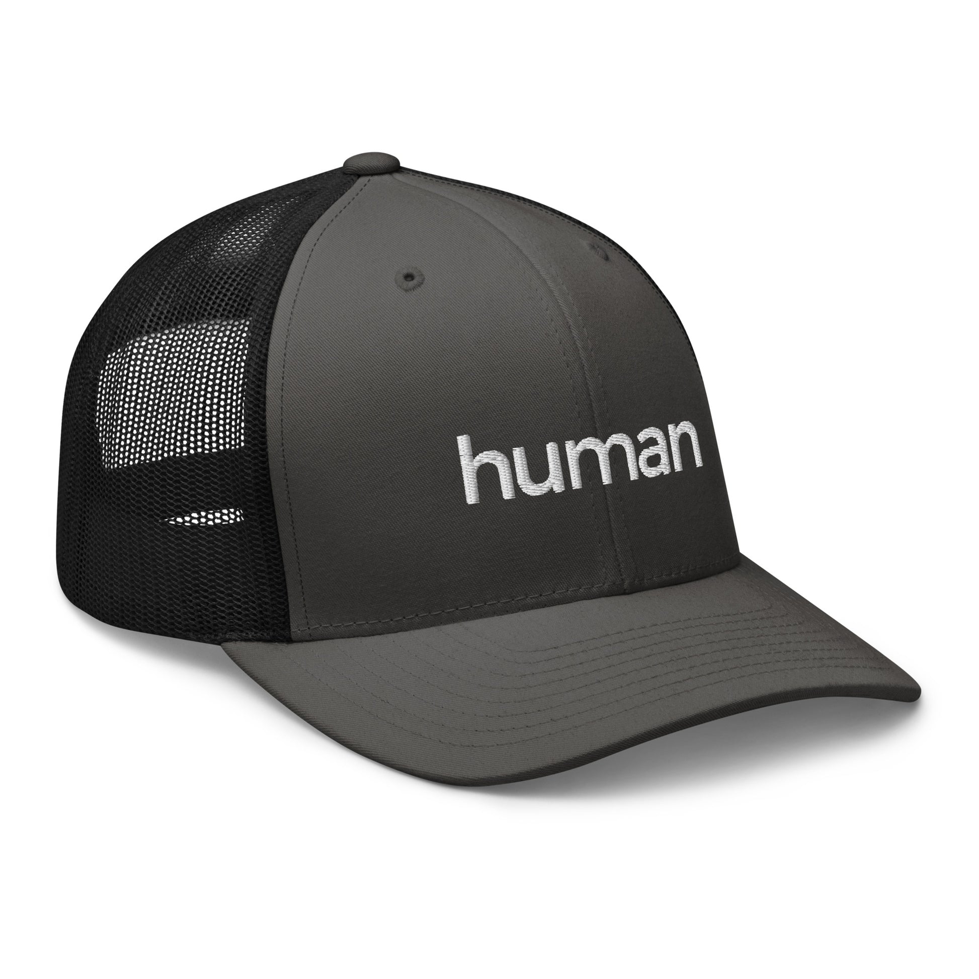 charcoal-black human retro trucker hat against white background