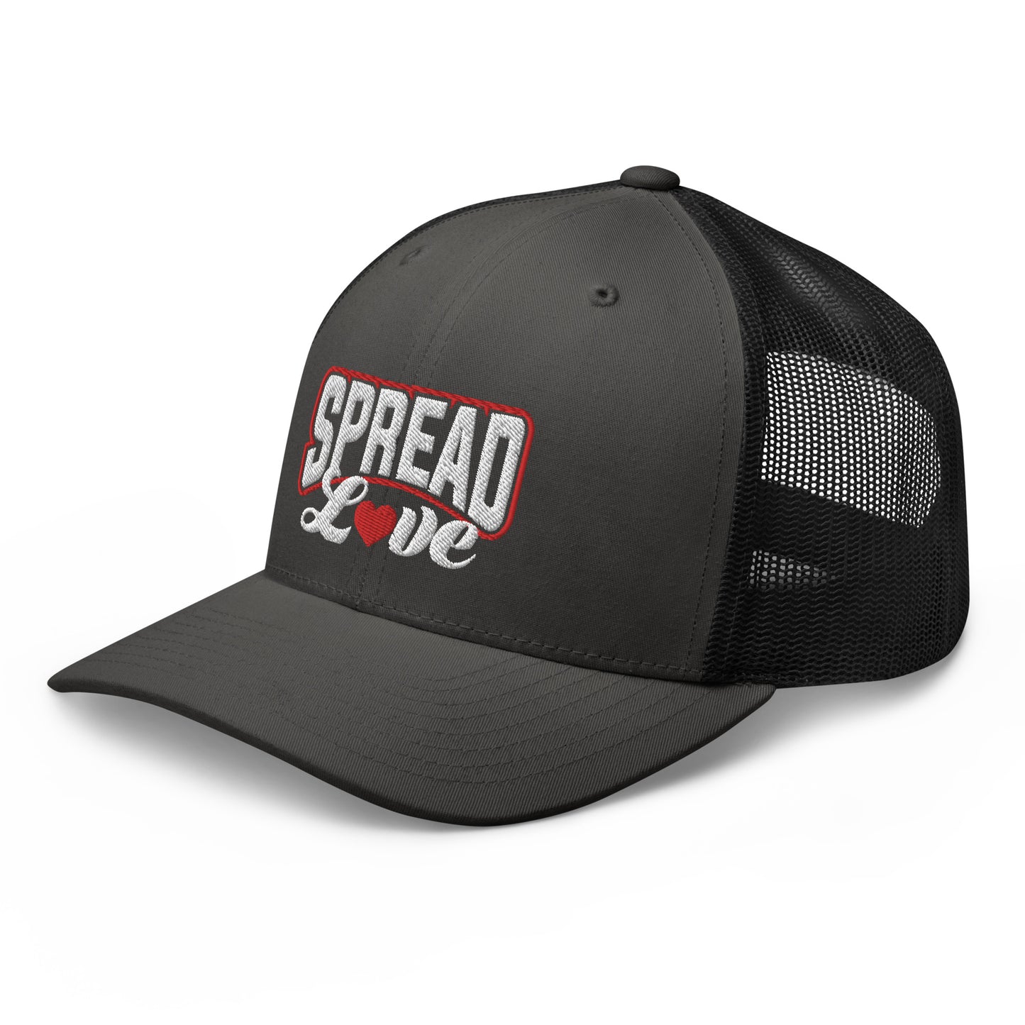 A charcoal trucker cap with a breathable black mesh back, featuring the text 'SPREAD LOVE' in red and a red heart symbol on the front.