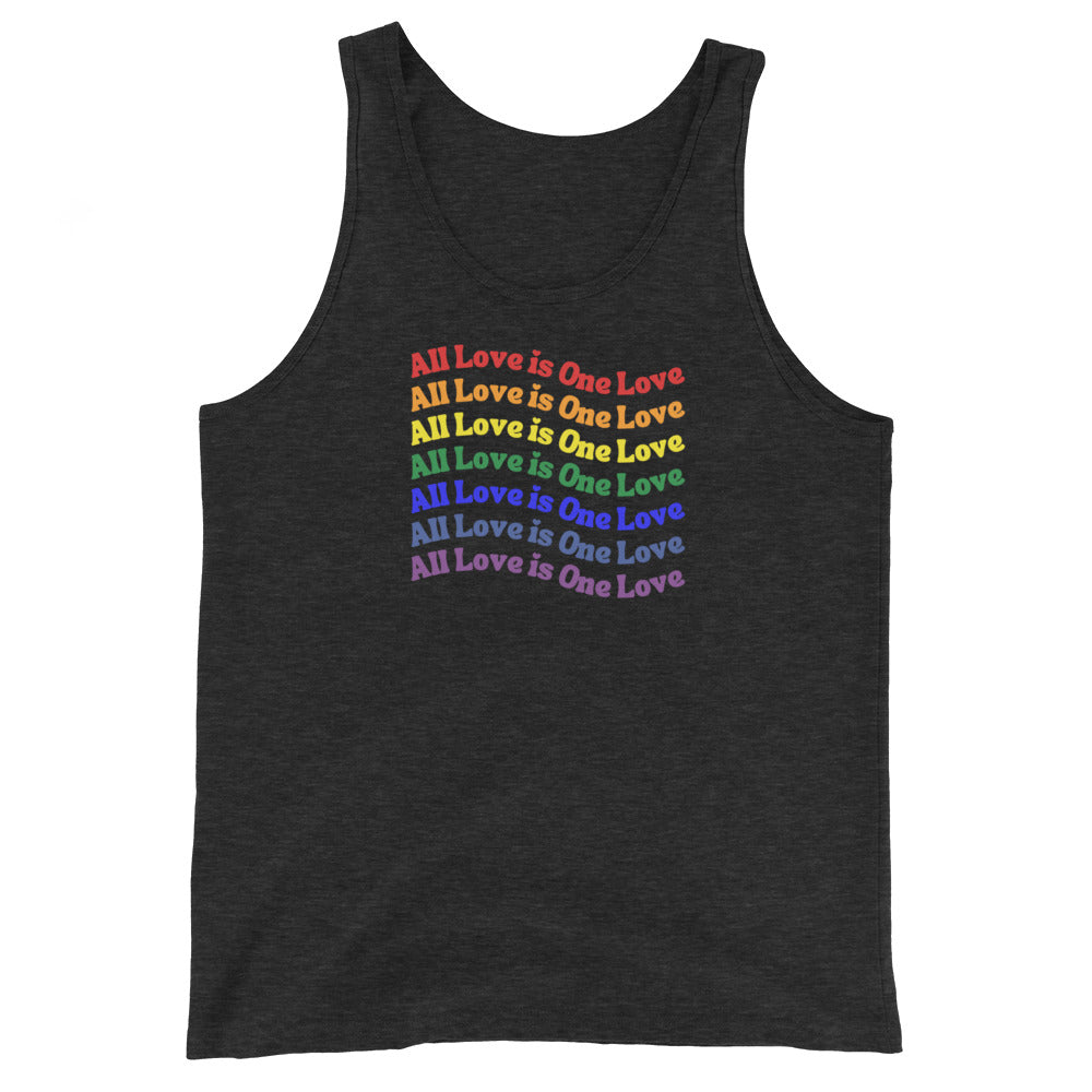 charcoal black tank top with 'All Love is One Love' text in rainbow colors on a white background