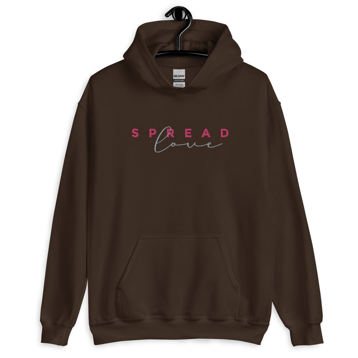 A chocolate brown hoodie with the text 'SPREAD LOVE' in red and gray on the front.