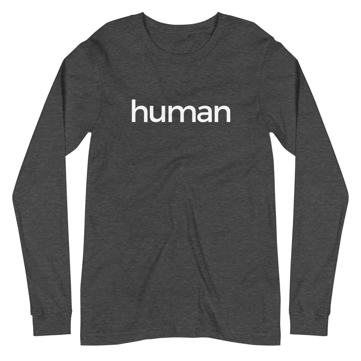 dark gray heather long sleeve "human" graphic t-shirt against a white background