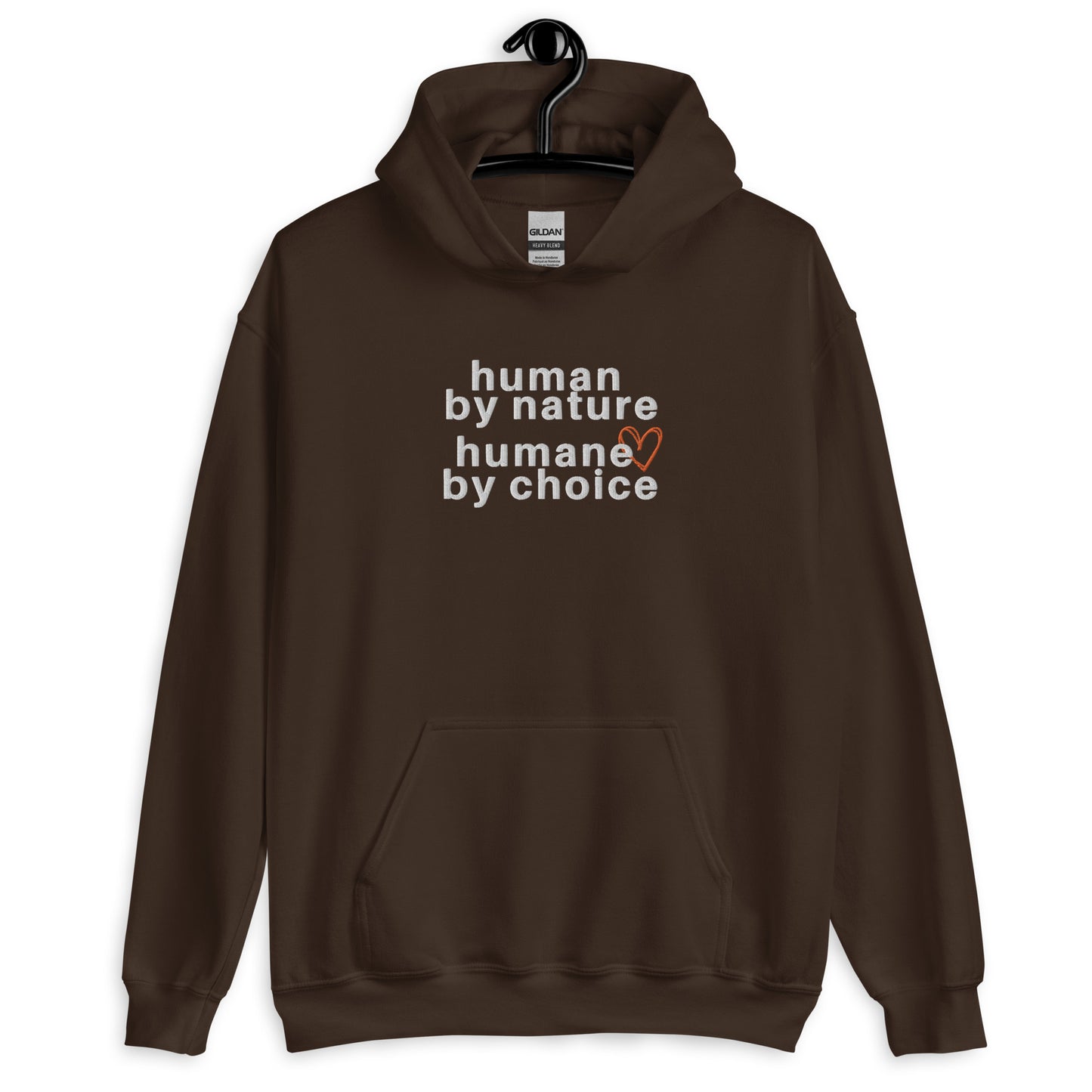 dark chocolate hoodie with "Human by nature, humane by choice" graphic on front with red heart outline behind the "e" in humane