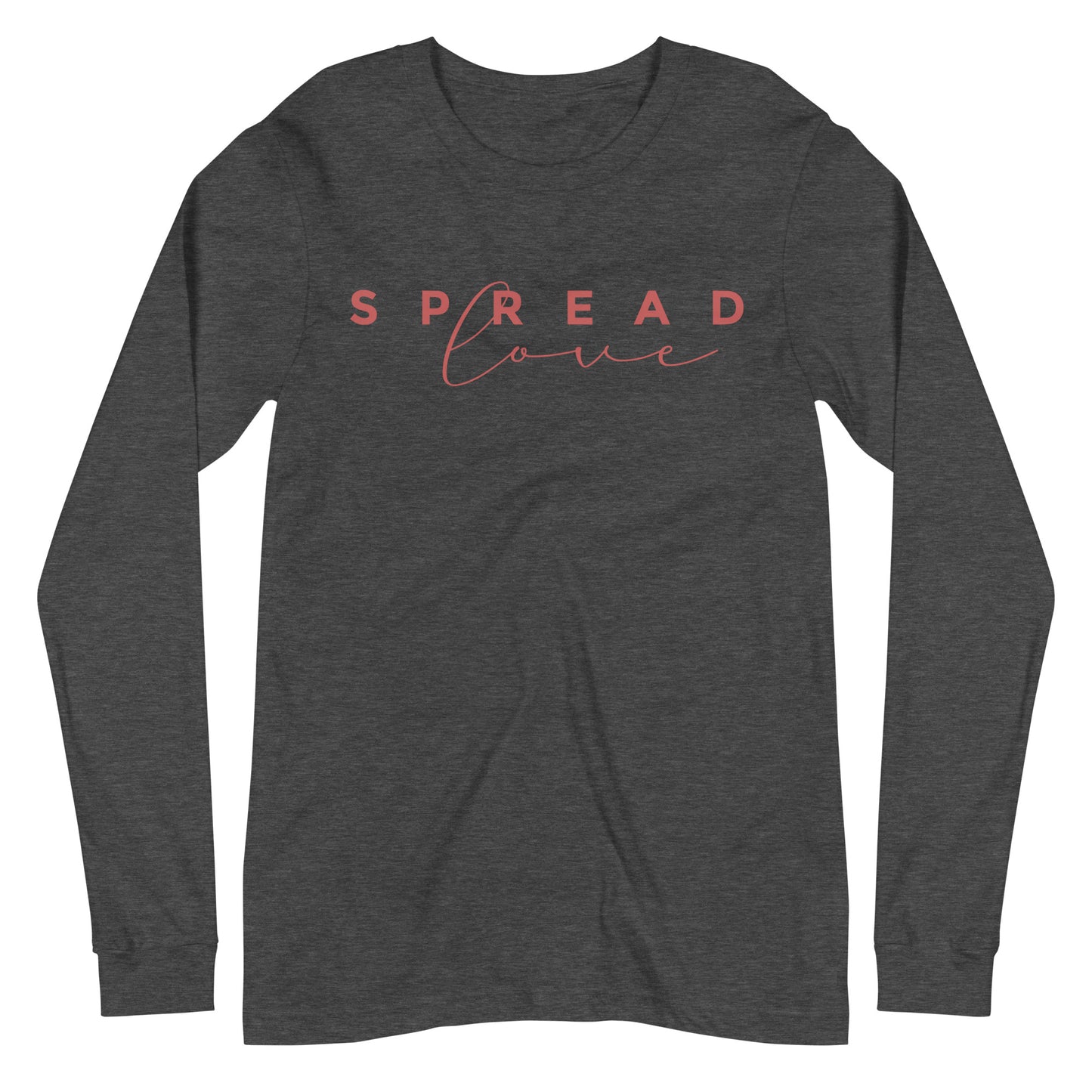 long sleeve dark gray heather "spread love" graphic t-shirt against a white background