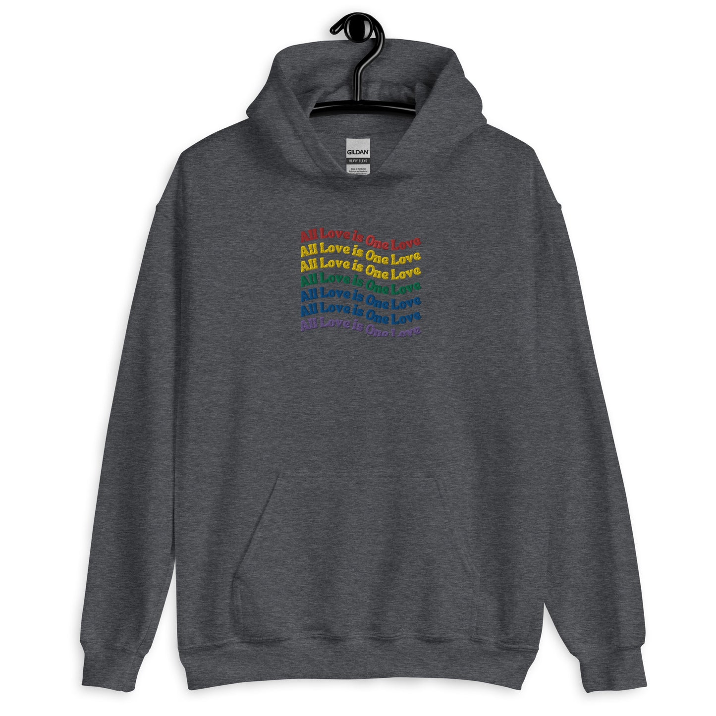 A dark grey heather hoodie with the text 'All Love is one love' printed across the front in a colorful, rainbow gradient design.