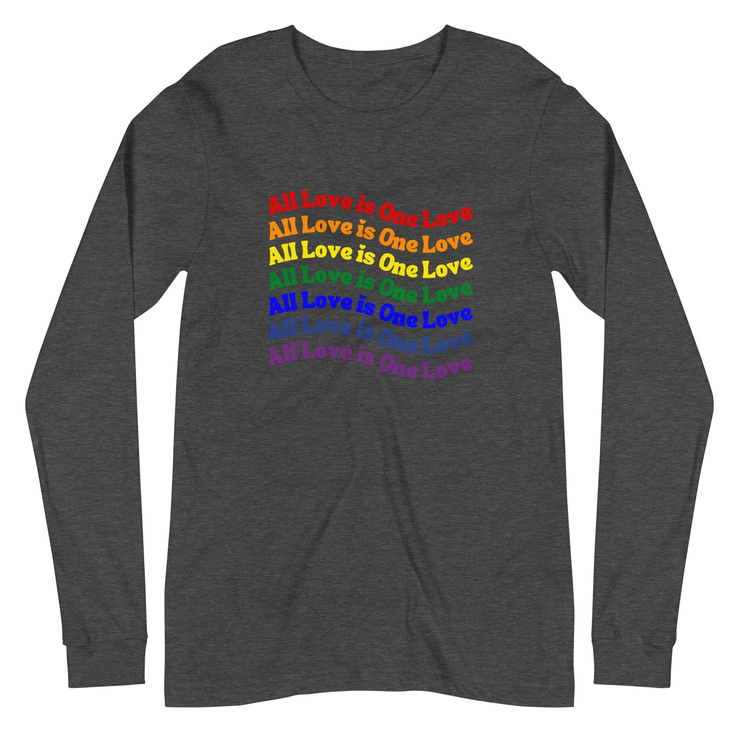 dark gray heather long sleeve t-shirt with "all love is one love" graphic