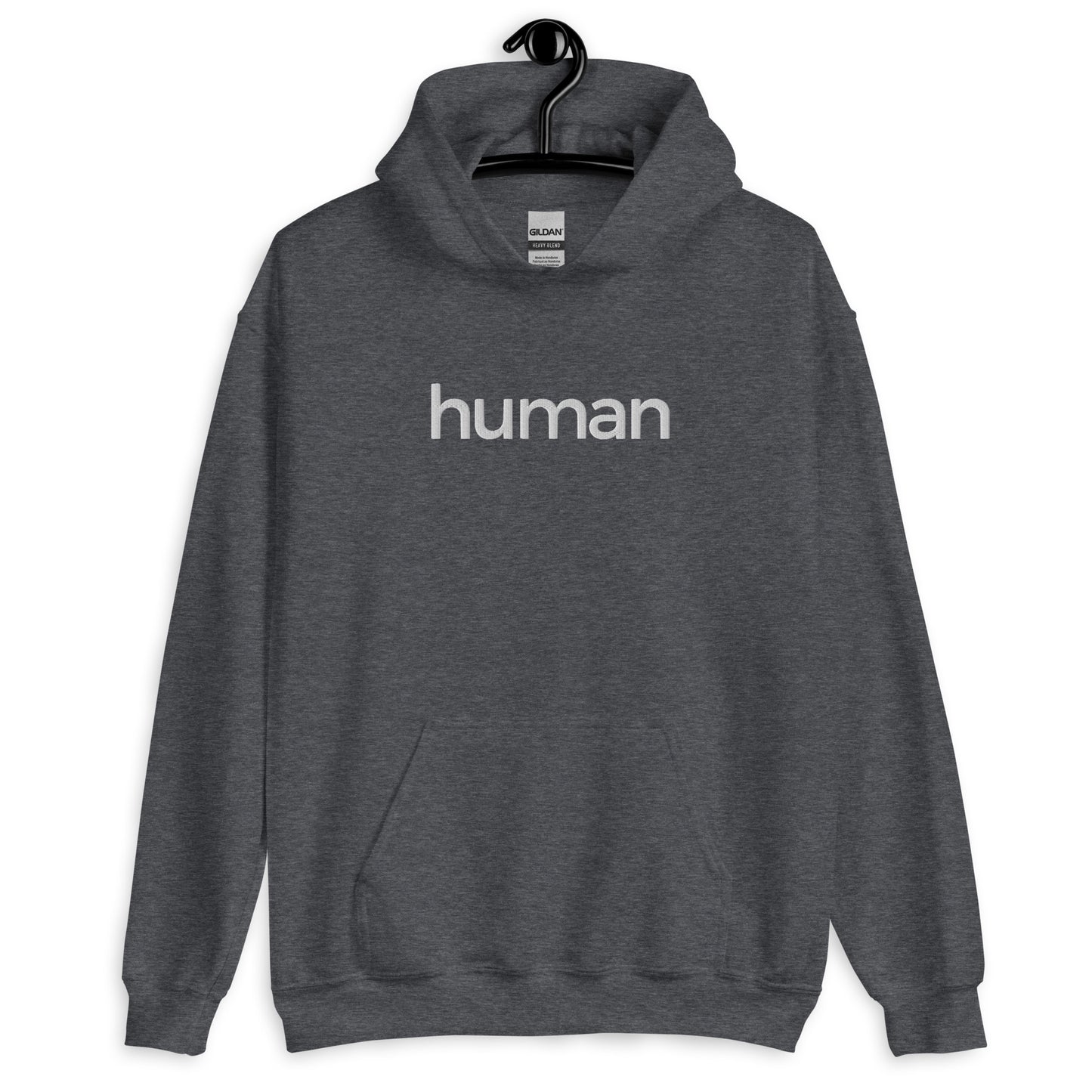 drak grey heather hoodie with "human" printed on front in white