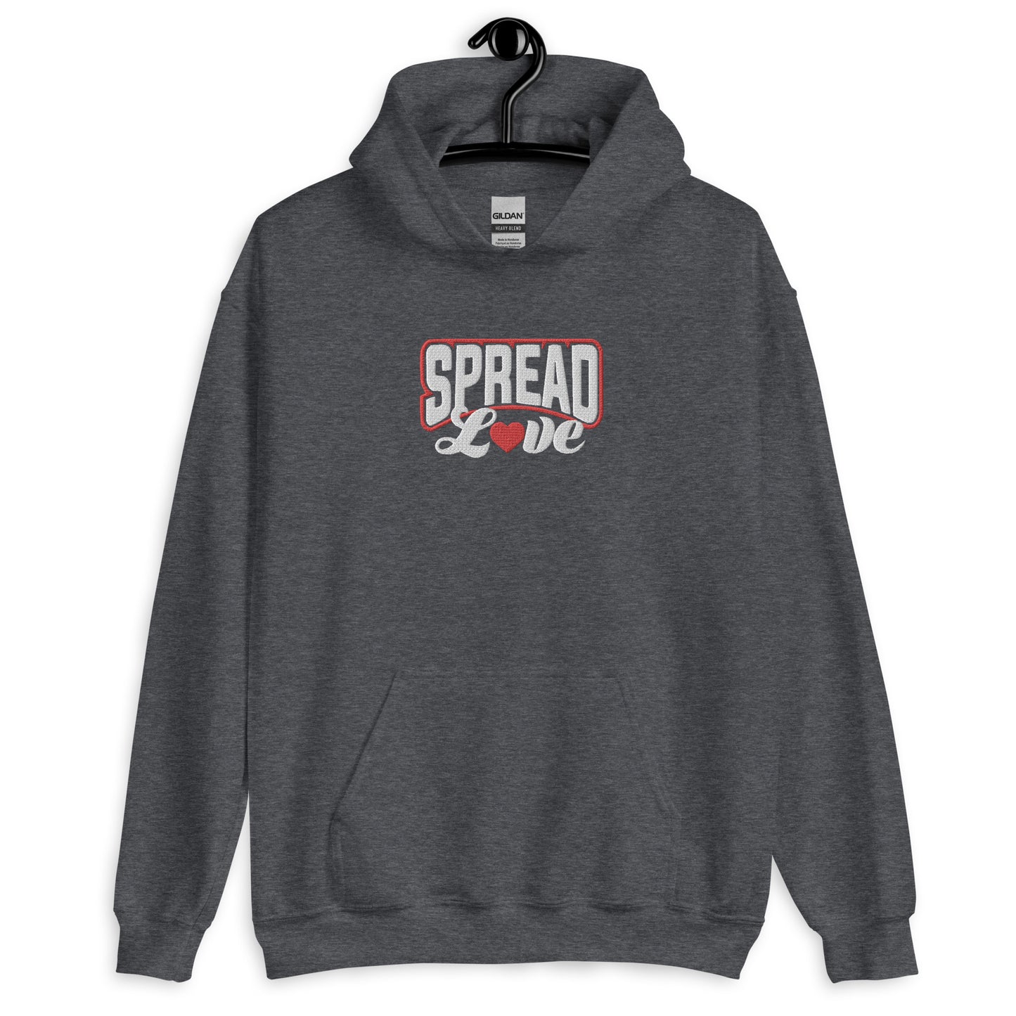 A dark grey heather hoodie with 'SPREAD LOVE' text in red and white with red heart symbol instead of the 'o' on the front.