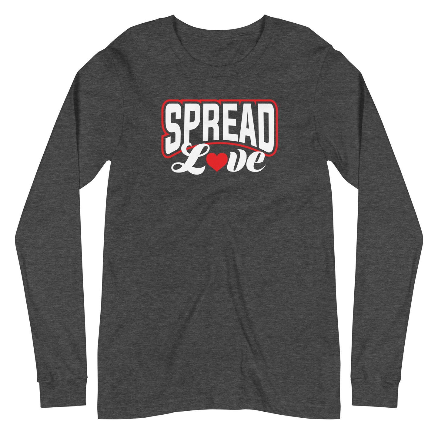dark gray heather long sleeve t-shirt with "spread love" graphic with red heart replacing the "o" against a white background