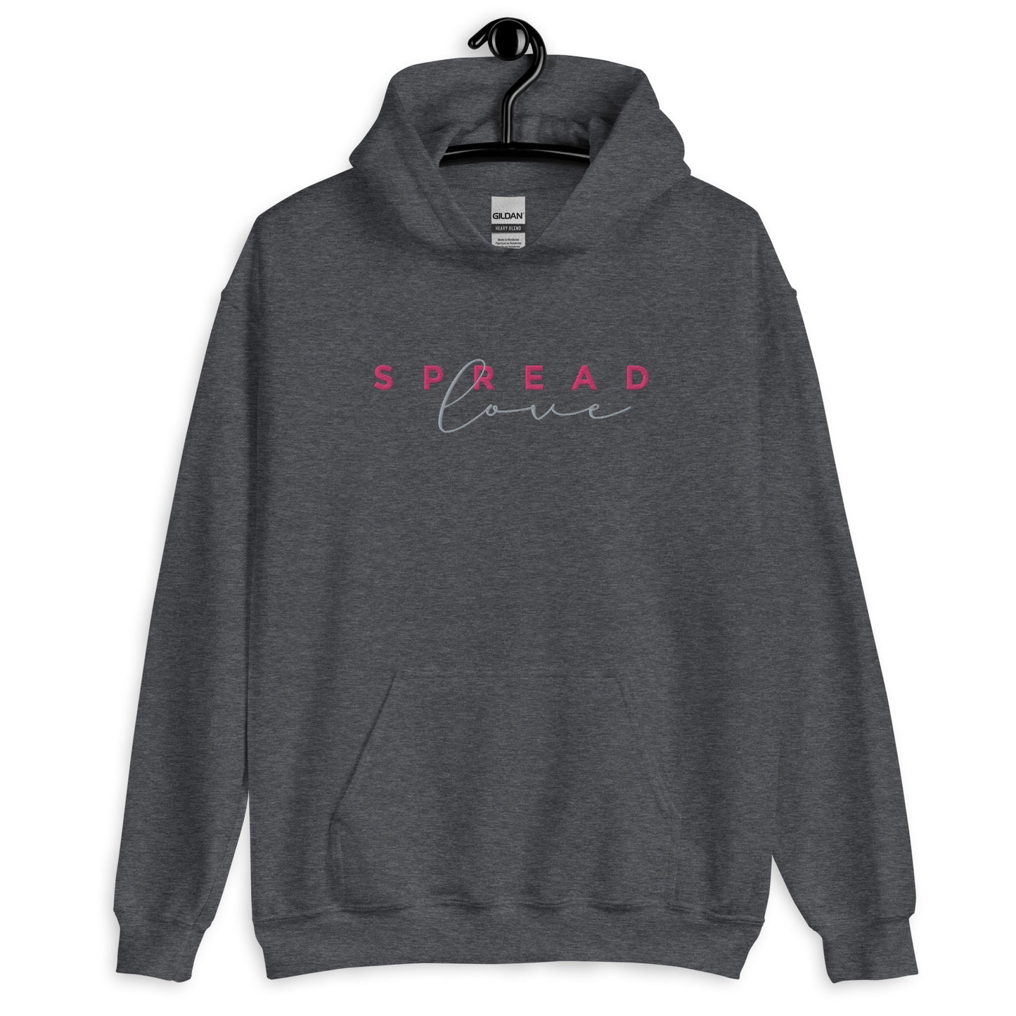 A dark gray hoodie with the text 'SPREAD LOVE' in red and gray on the front.