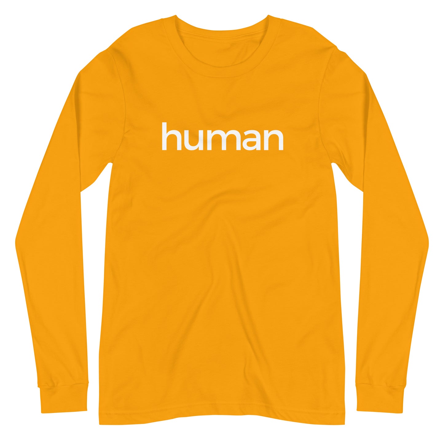 gold long sleeve "human" graphic t-shirt against a white background