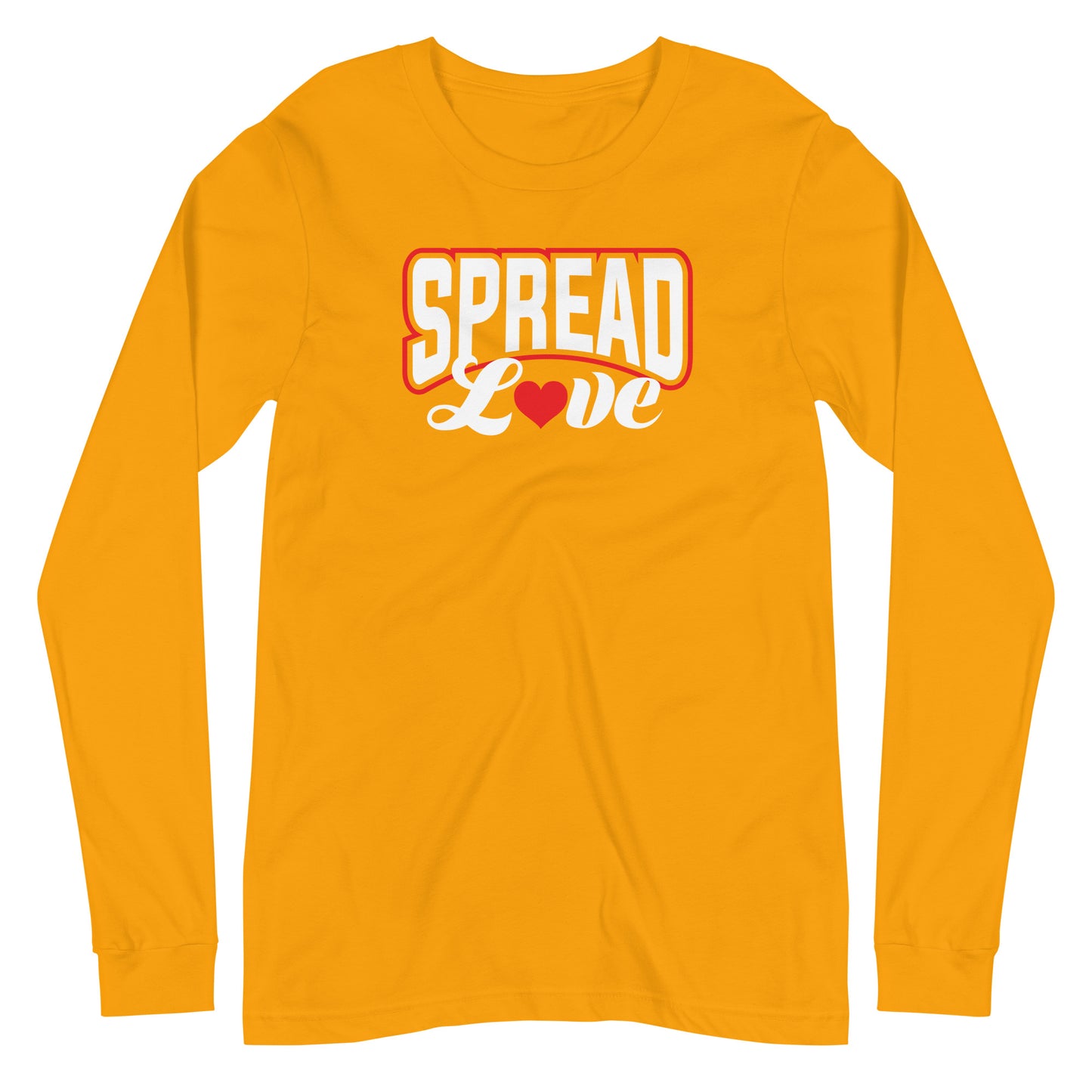 gold long sleeve t-shirt with "spread love" graphic with red heart replacing the "o"  against white blackground