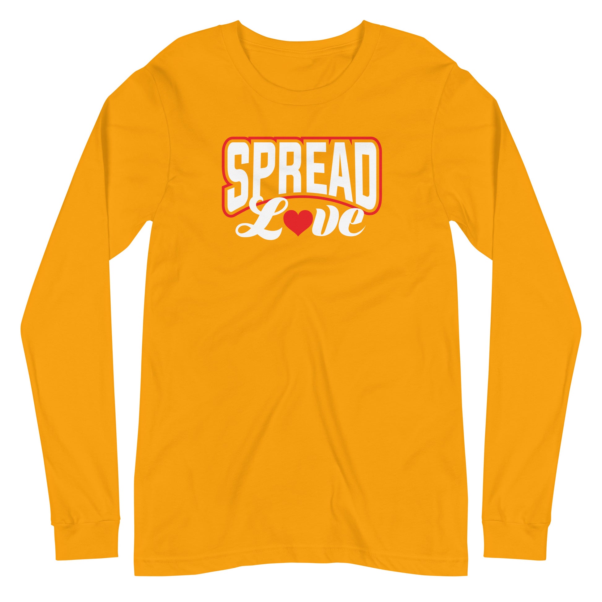 gold long sleeve t-shirt with "spread love" graphic with red heart replacing the "o"  against white blackground