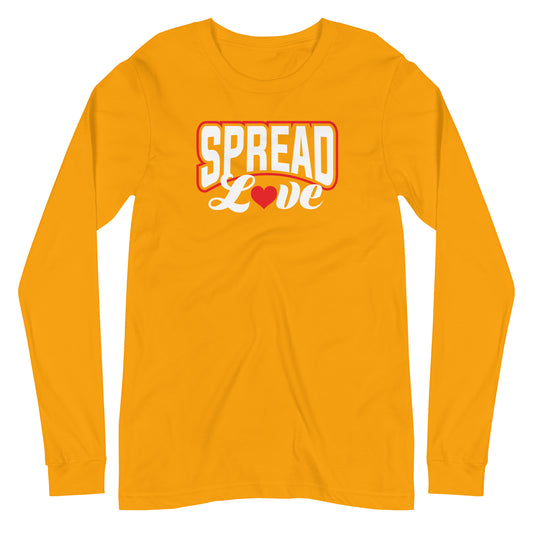 gold long sleeve t-shirt with "spread love" graphic with red heart replacing the "o"  against white blackground