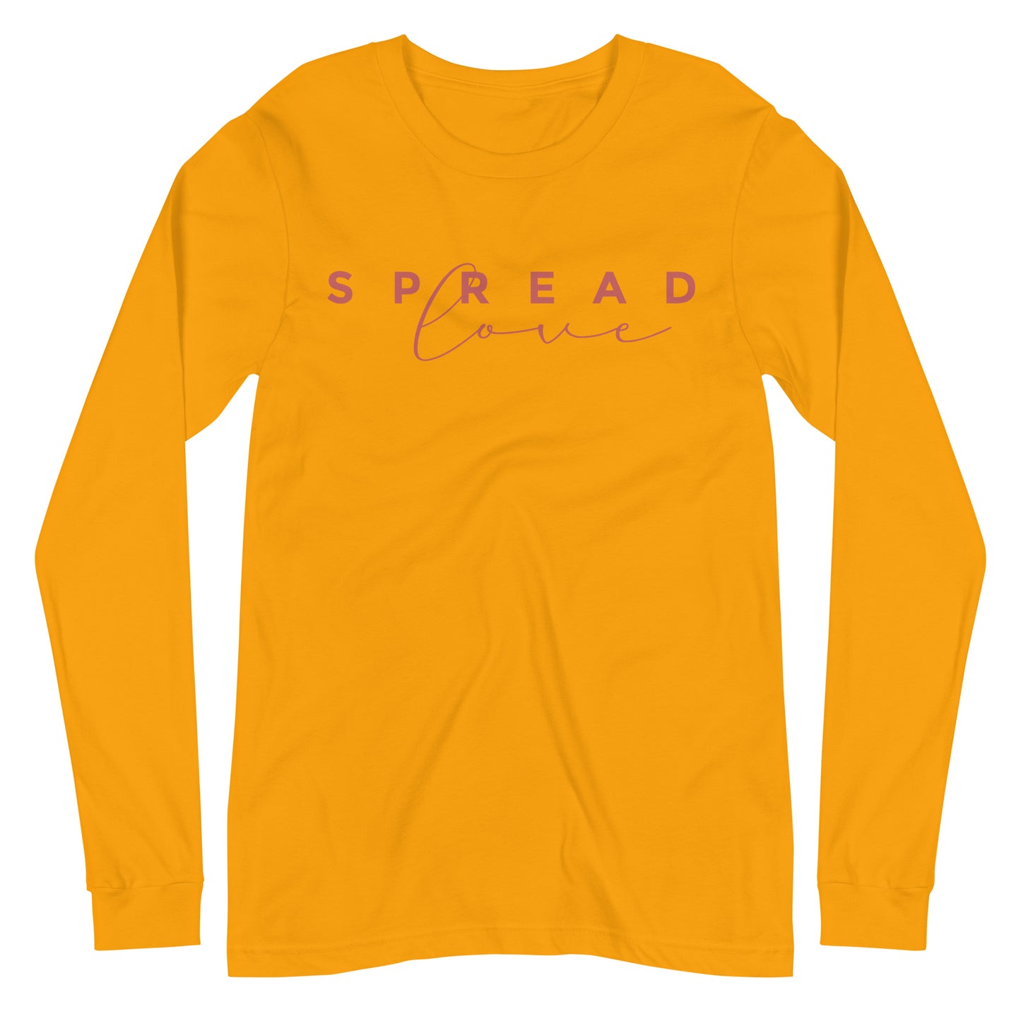 long sleeve gold "spread love" graphic t-shirt against a white background
