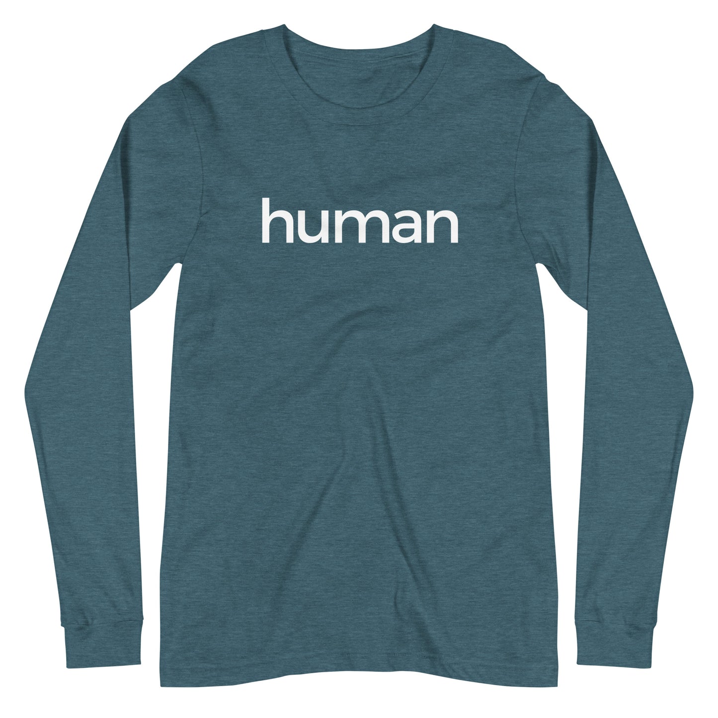 heather deep teal long sleeve "human" graphic t-shirt against a white background