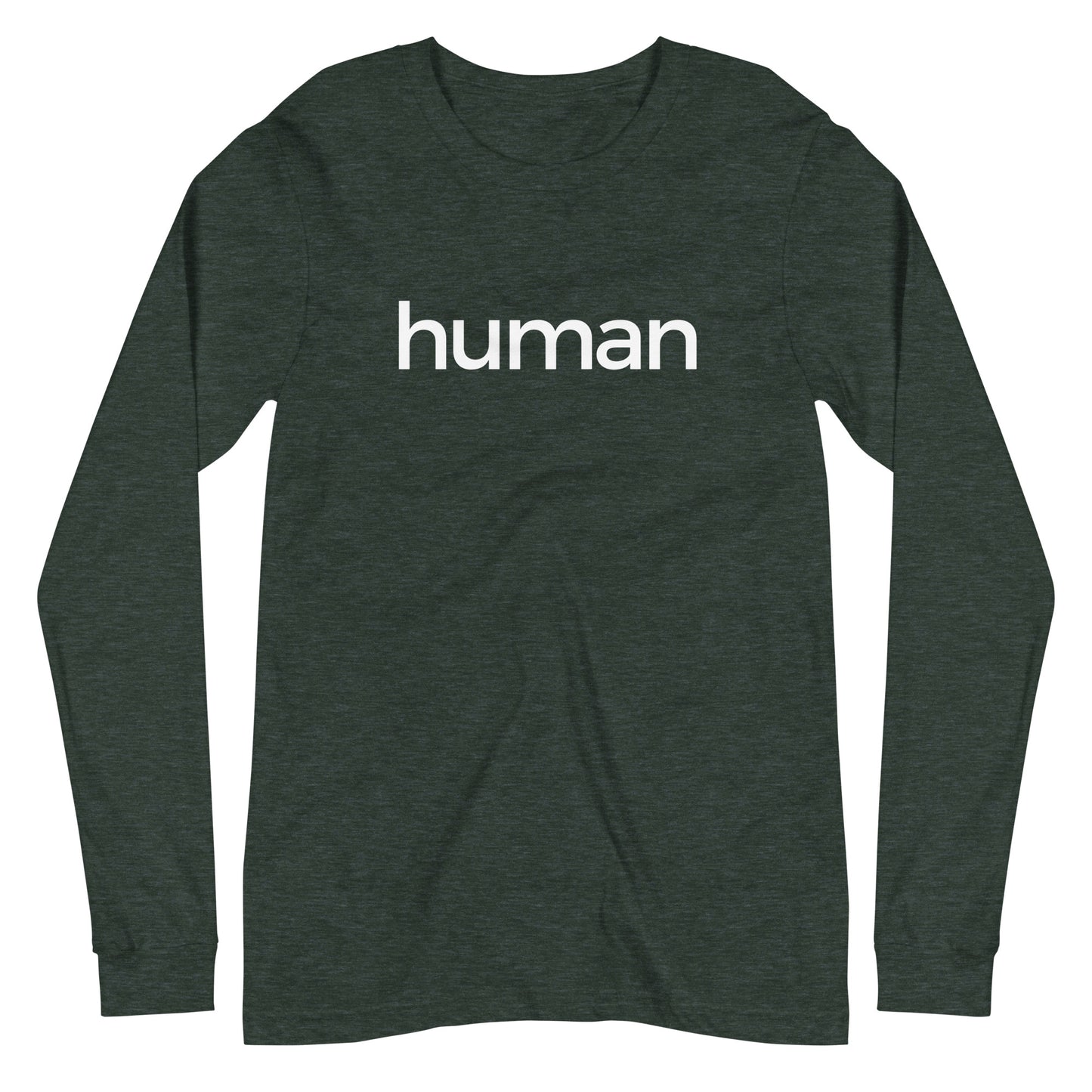 heather forest green long sleeve "human" graphic t-shirt against a white background