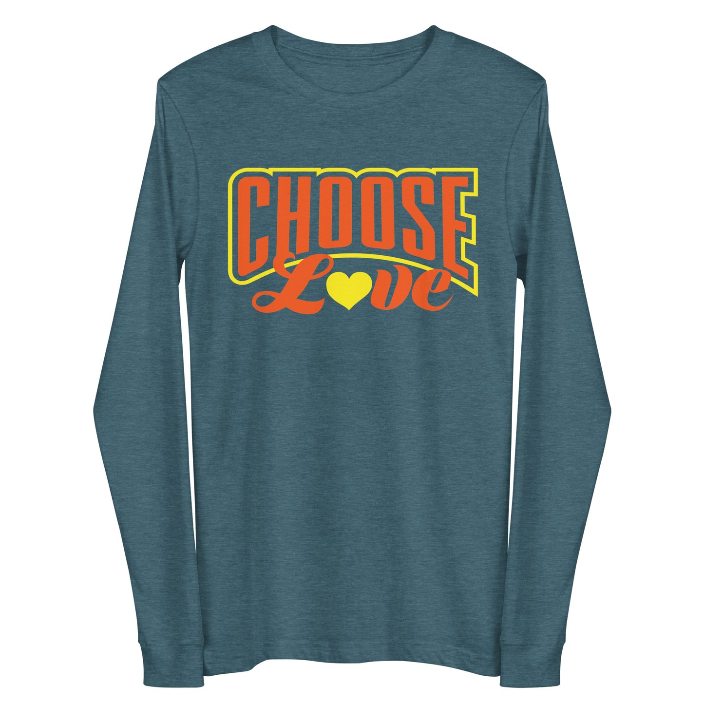 heather deep teal long-sleeve t-shirt with 'CHOOSE LOVE' orange and yellow text and yellow heart symbol replacing the "o" in love on a white background