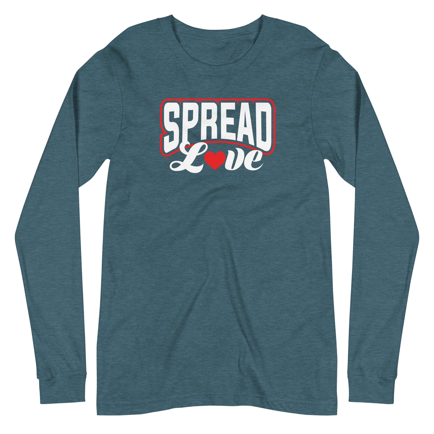 heather deep teal long sleeve t-shirt with "spread love" graphic with red heart replacing the "o" against a white background