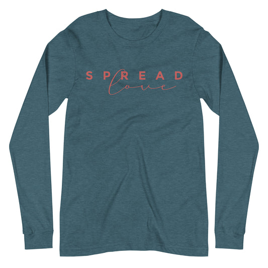 long sleeve heather deep teal "spread love" graphic t-shirt against a white background