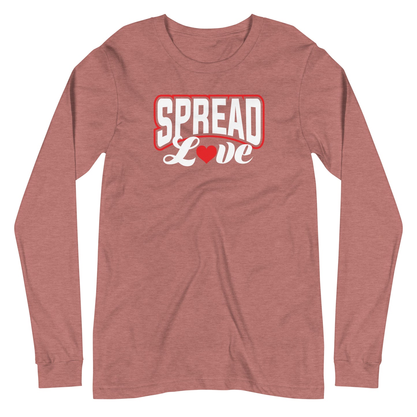 heather mauve long sleeve t-shirt with "spread love" graphic with red heart replacing the "o" against a white background
