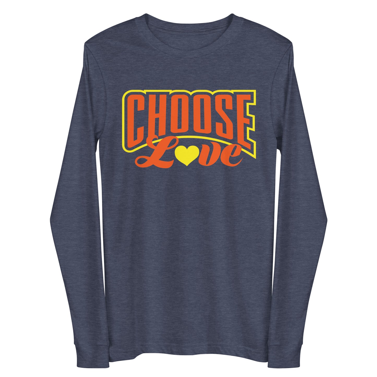 heather navy blue long-sleeve t-shirt with 'CHOOSE LOVE' orange and yellow text and yellow heart symbol replacing the "o" in love on a white background