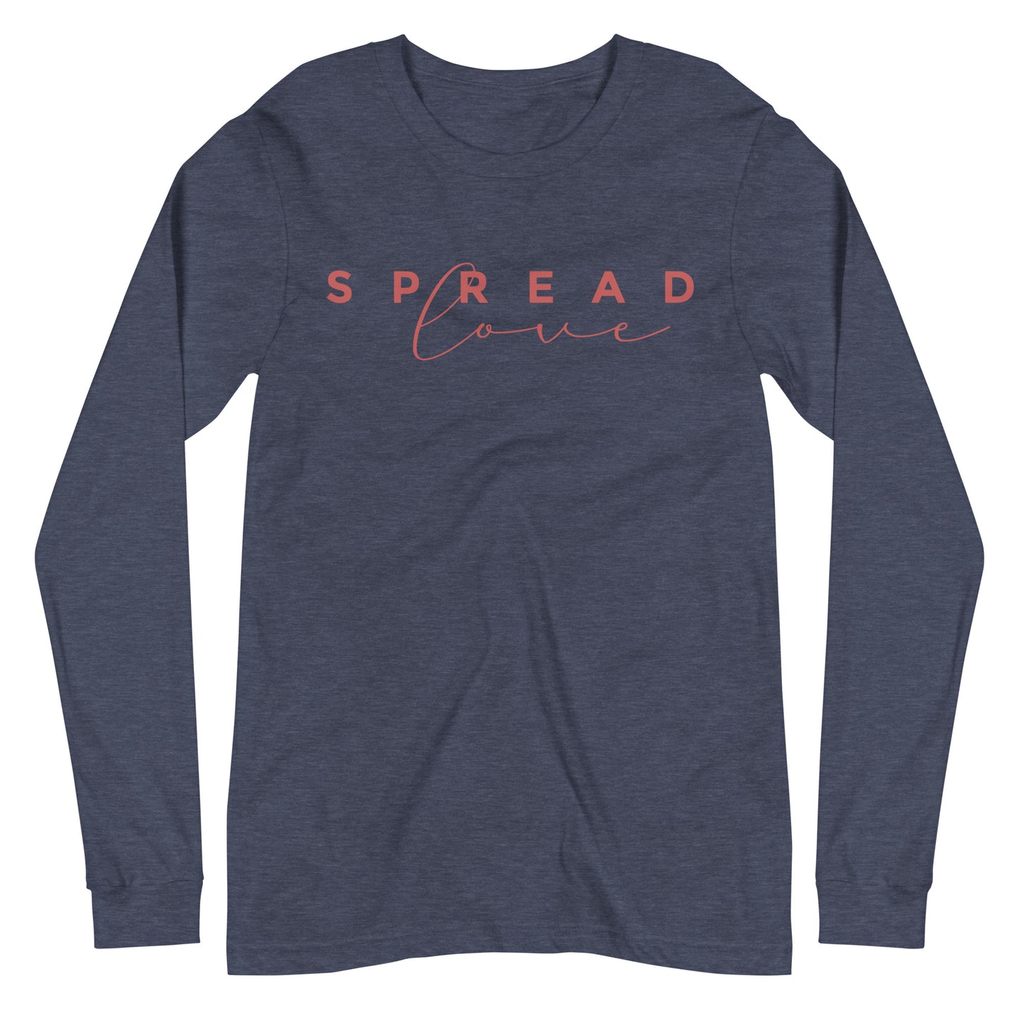 long sleeve heather navy blue "spread love" graphic t-shirt against a white background