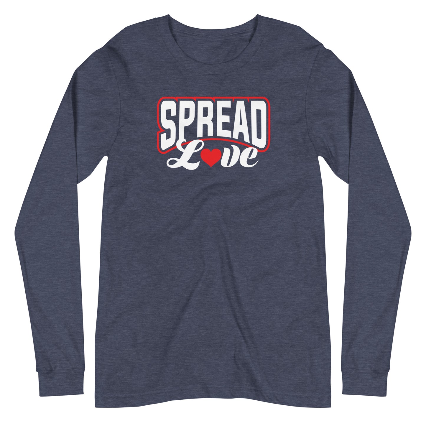 heather navy long sleeve t-shirt with "spread love" graphic with red heart replacing the "o" against a white background