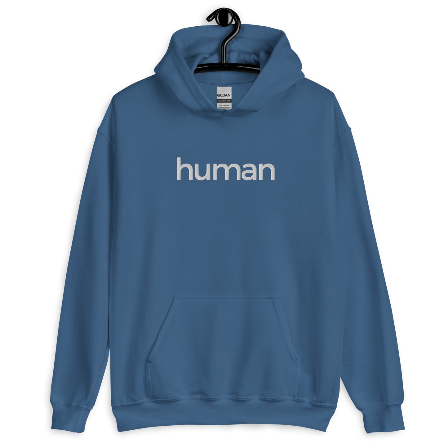 indigo blue hoodie with "human" printed on front in white