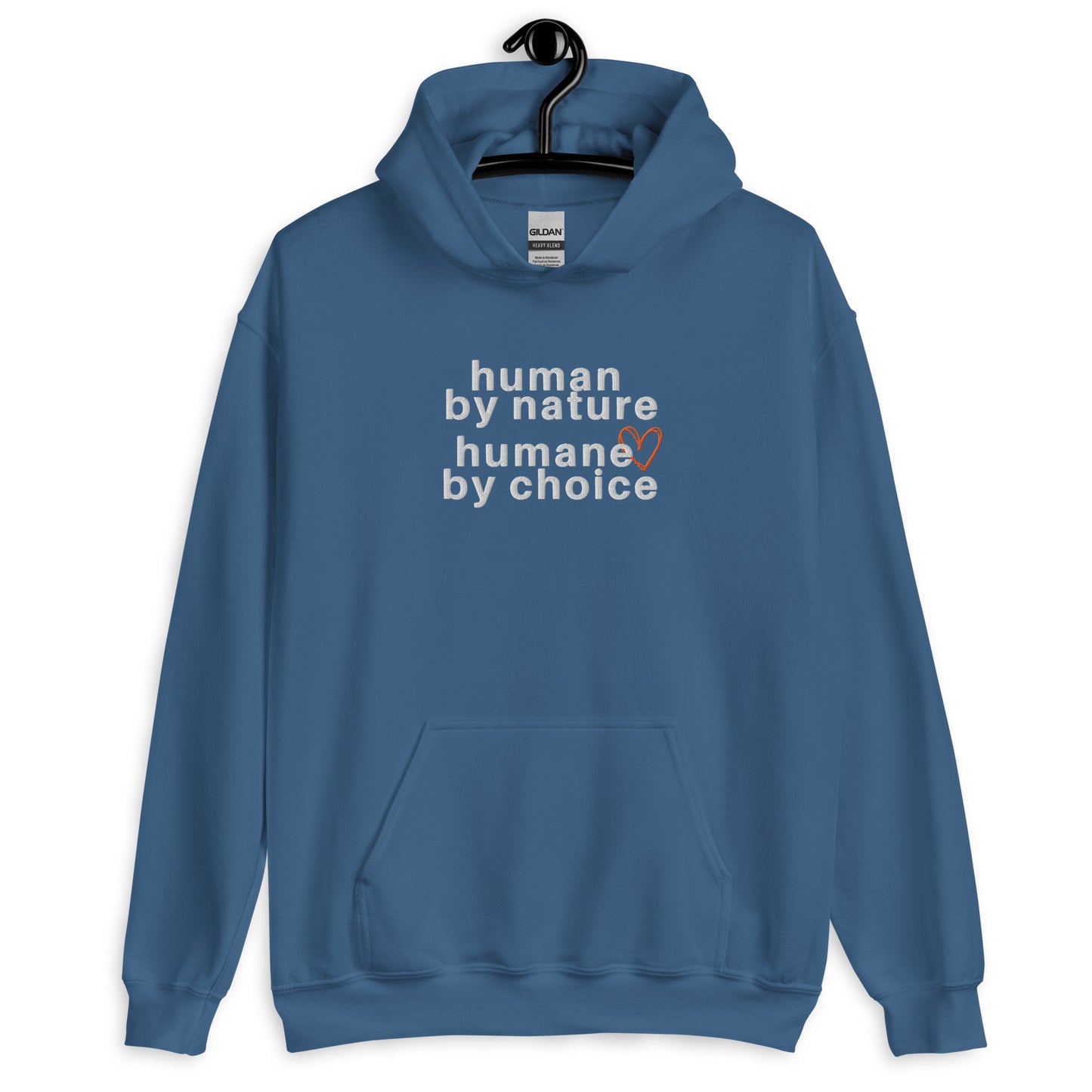 indigo blue hoodie with "Human by nature, humane by choice" graphic on front with red heart outline behind the "e" in humane