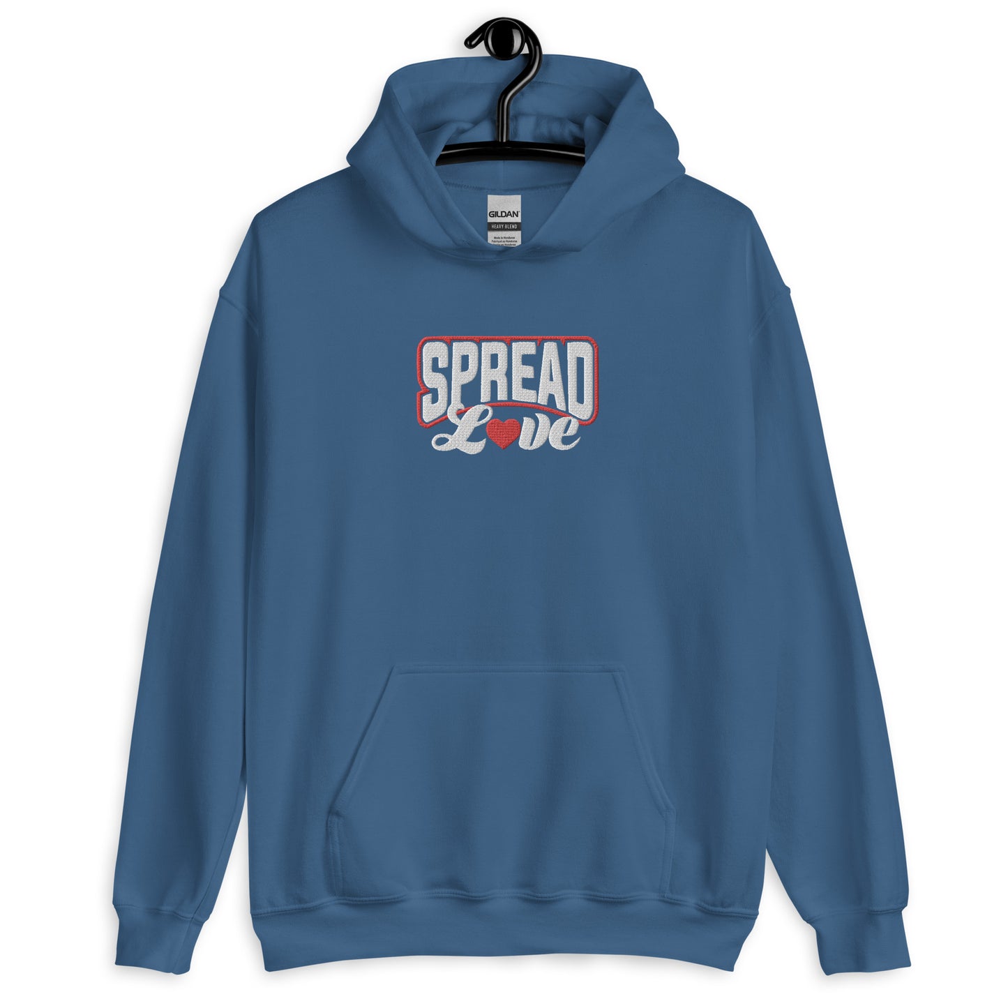 An indigo blue hoodie with 'SPREAD LOVE' text in red and white with red heart symbol instead of the 'o' on the front.