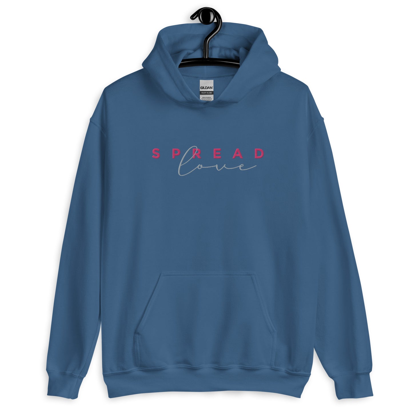 An indigo blue hoodie with the text 'SPREAD LOVE' in red and gray on the front.