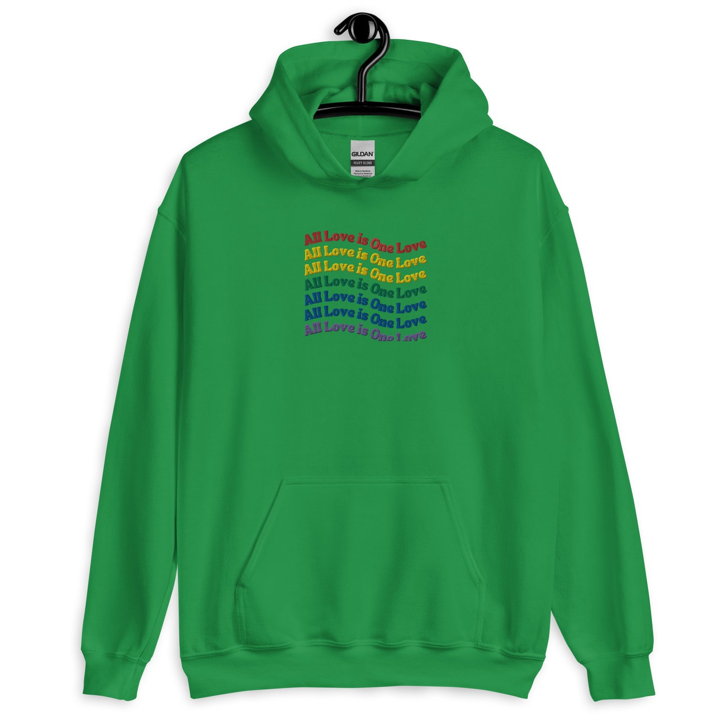 An irish green  hoodie with the text 'All Love is one love' printed across the front in a colorful, rainbow gradient design.