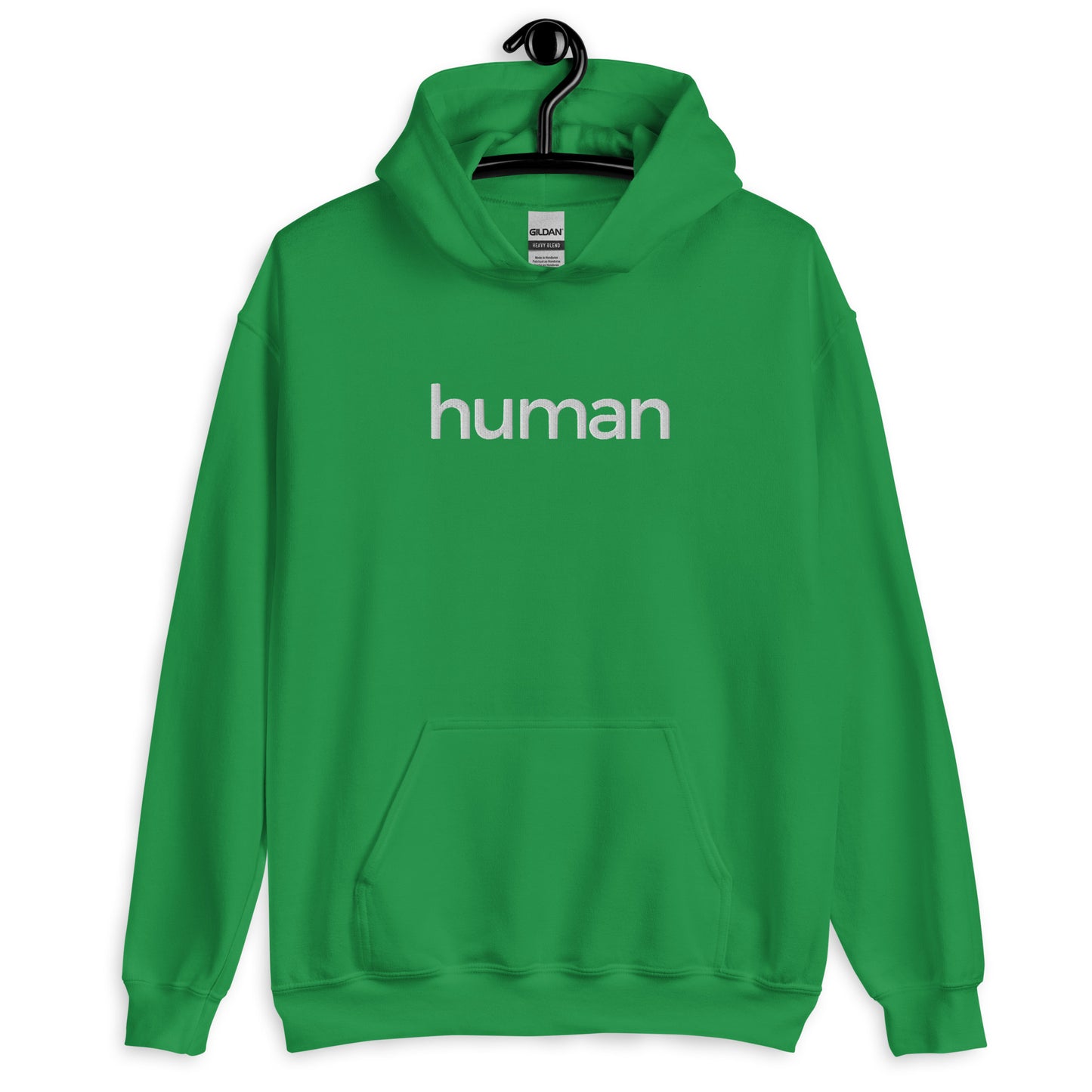 irish green hoodie with "human" printed on front in white