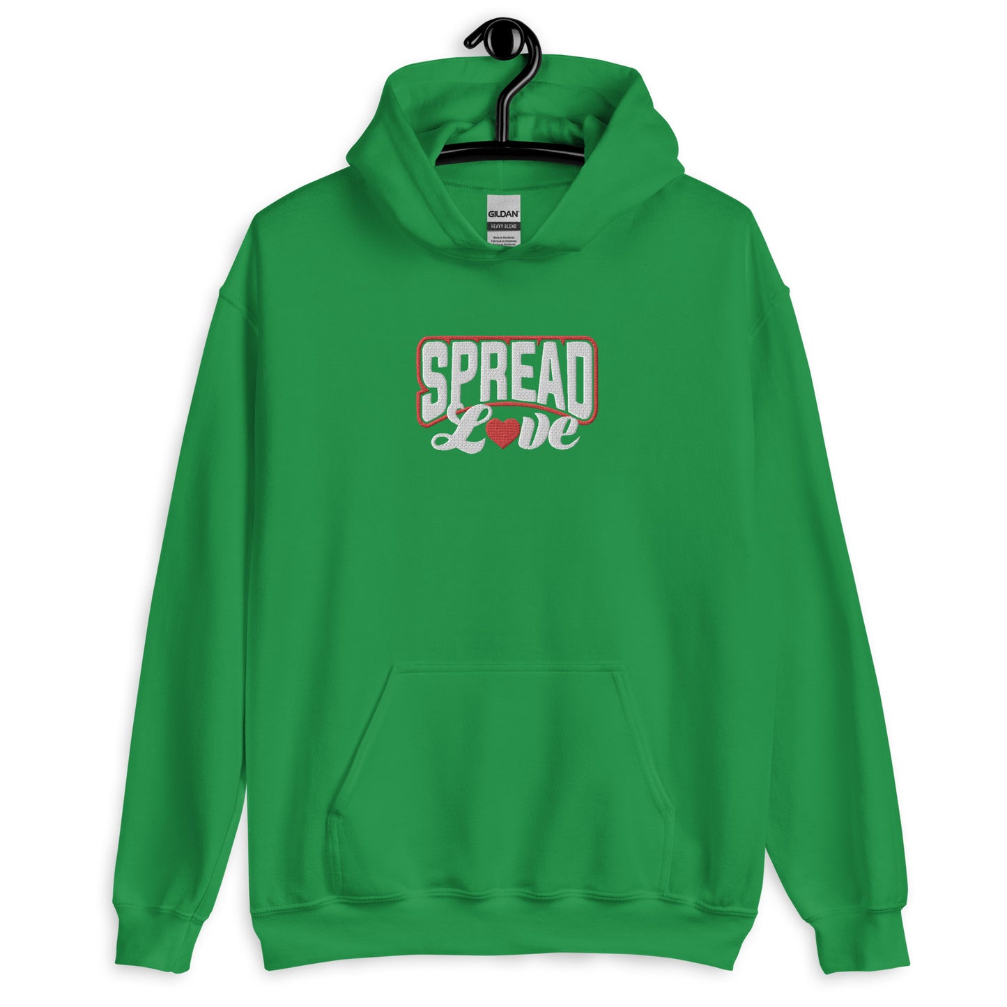 An irish green hoodie with 'SPREAD LOVE' text in red and white with red heart symbol instead of the 'o' on the front.