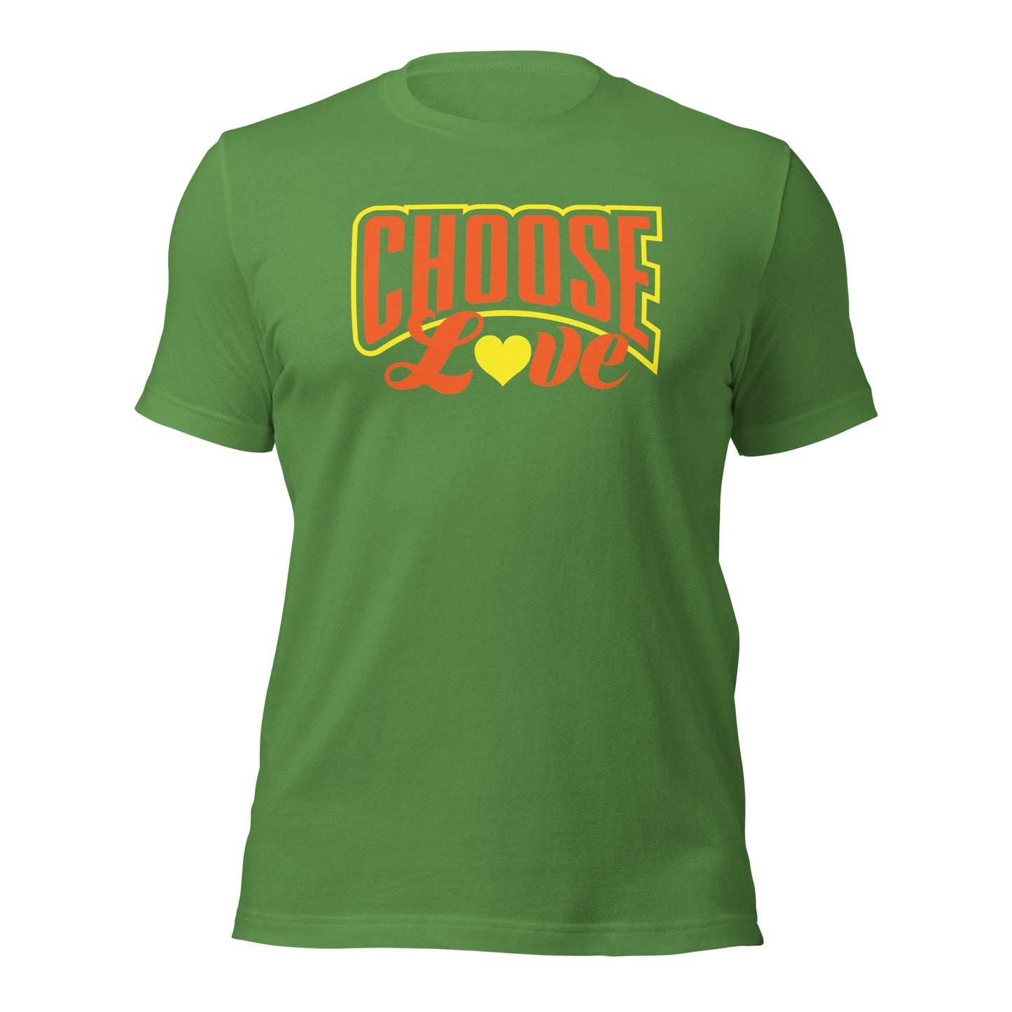 leaf green  t-shirt with 'CHOOSE LOVE' orange and yellow text and yellow heart graphic on a white background