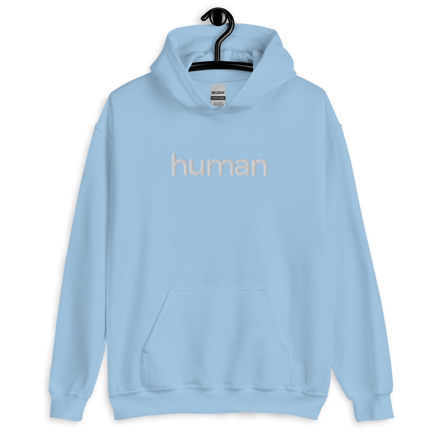 light blue hoodie with "human" printed on front in white