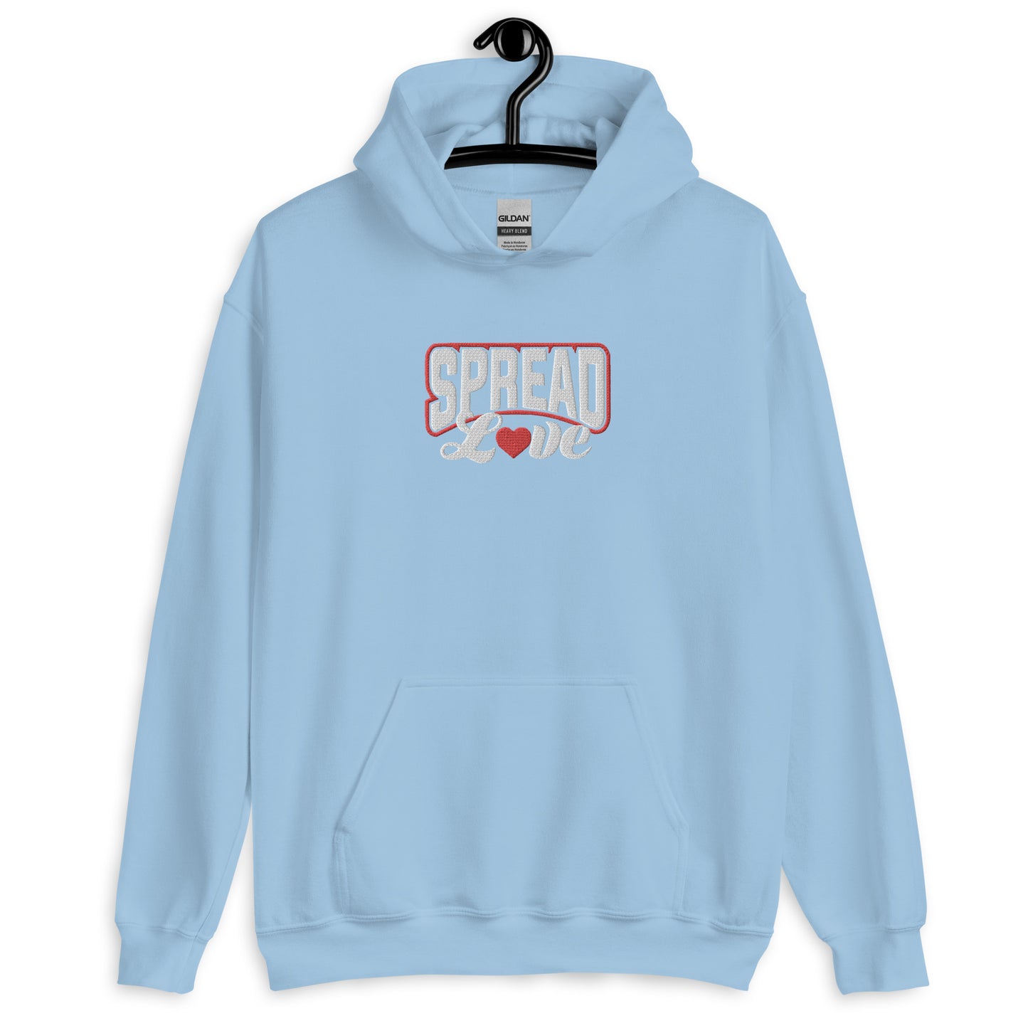A light blue hoodie with 'SPREAD LOVE' text in red and white with red heart symbol instead of the 'o' on the front.