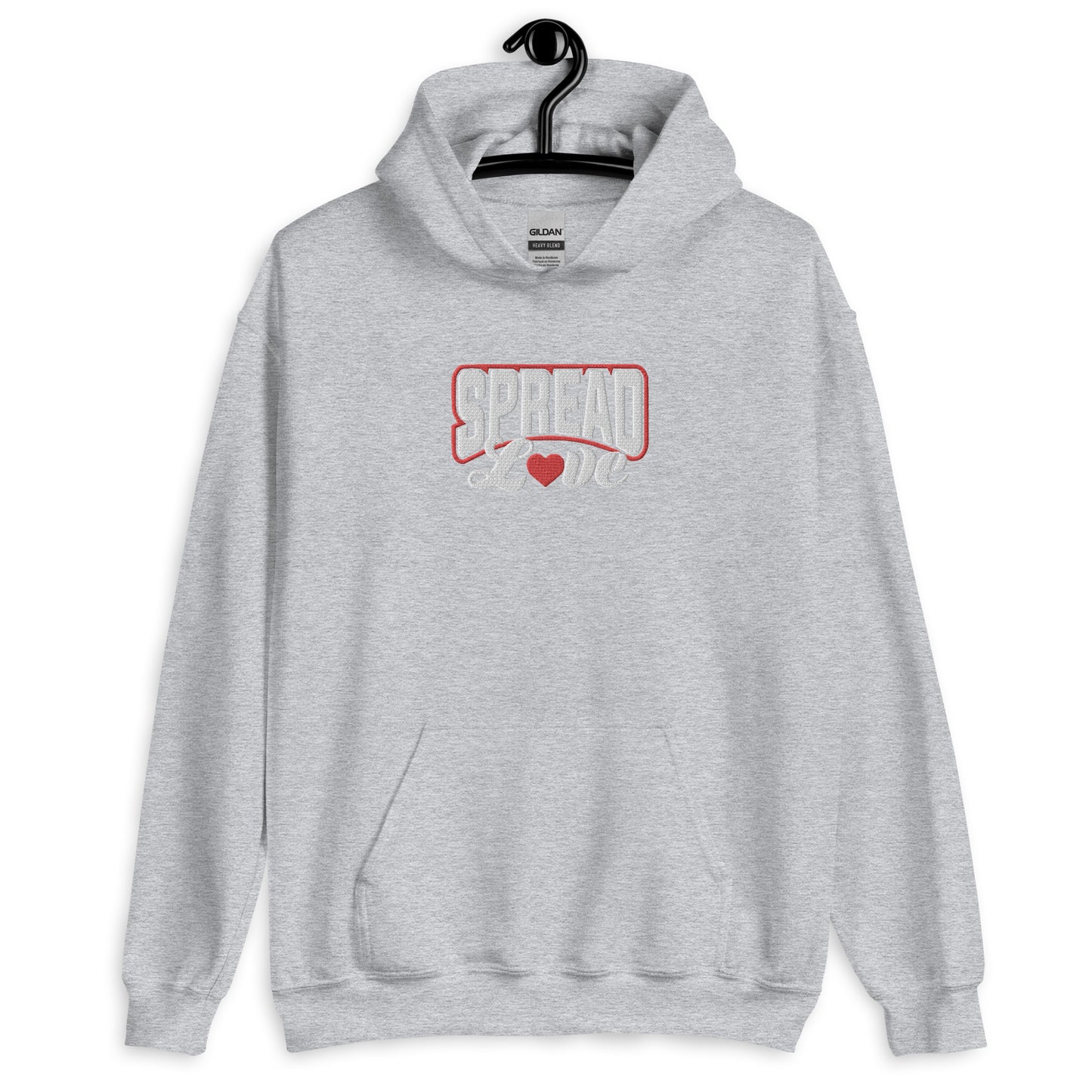 A light grey hoodie with 'SPREAD LOVE' text in red and white with red heart symbol instead of the 'o' on the front.