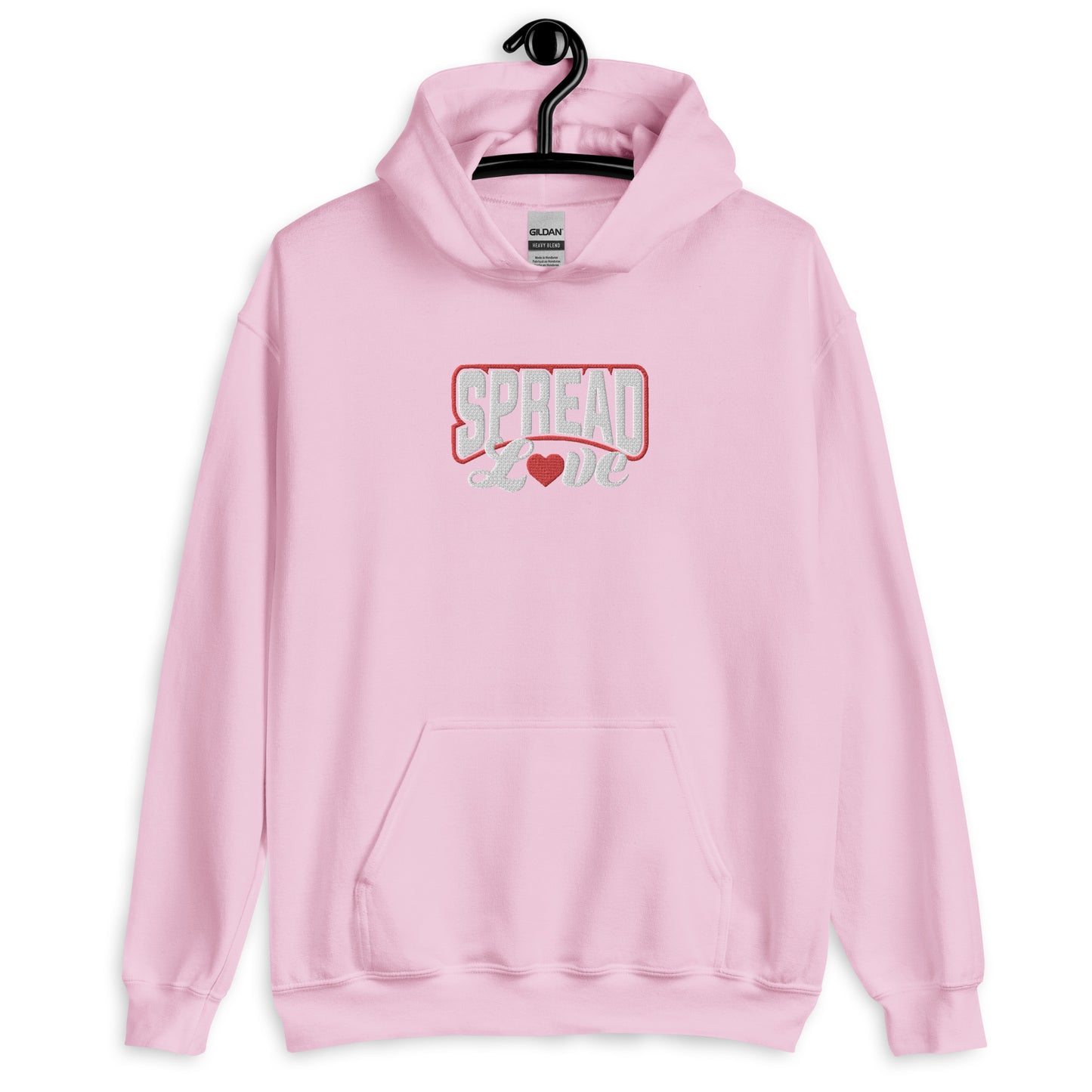 A light pink hoodie with 'SPREAD LOVE' text in red and white with red heart symbol instead of the 'o' on the front.
