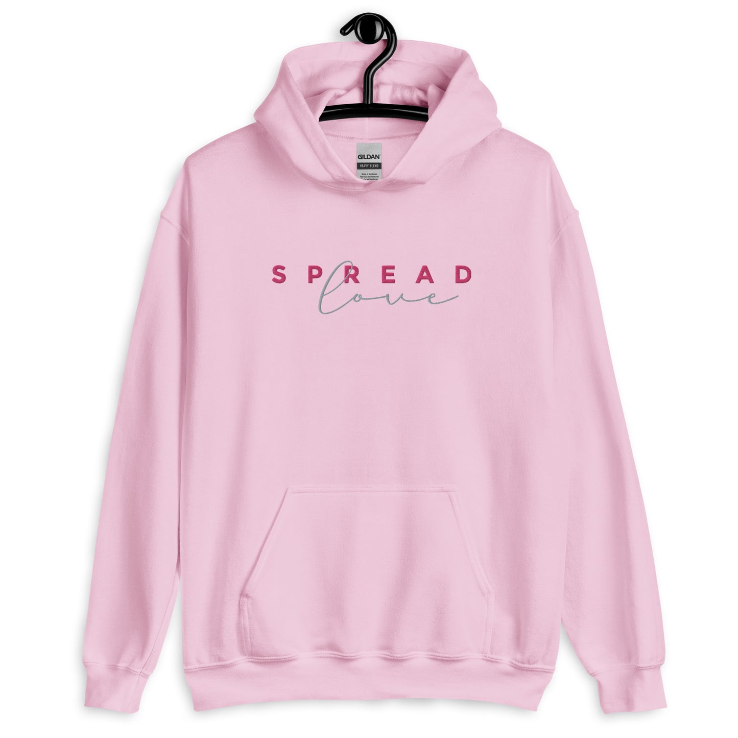A light pink hoodie with the text 'SPREAD LOVE' in red and gray on the front.