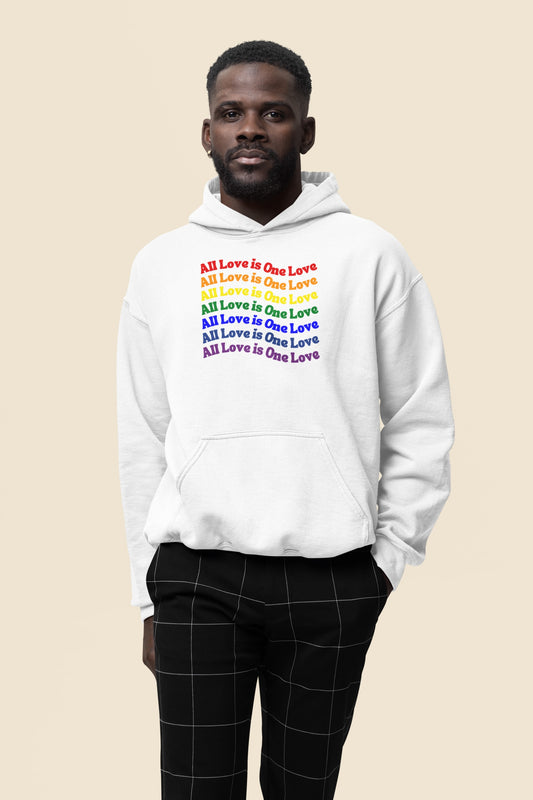 black man wearing white nelalena all love hoodie