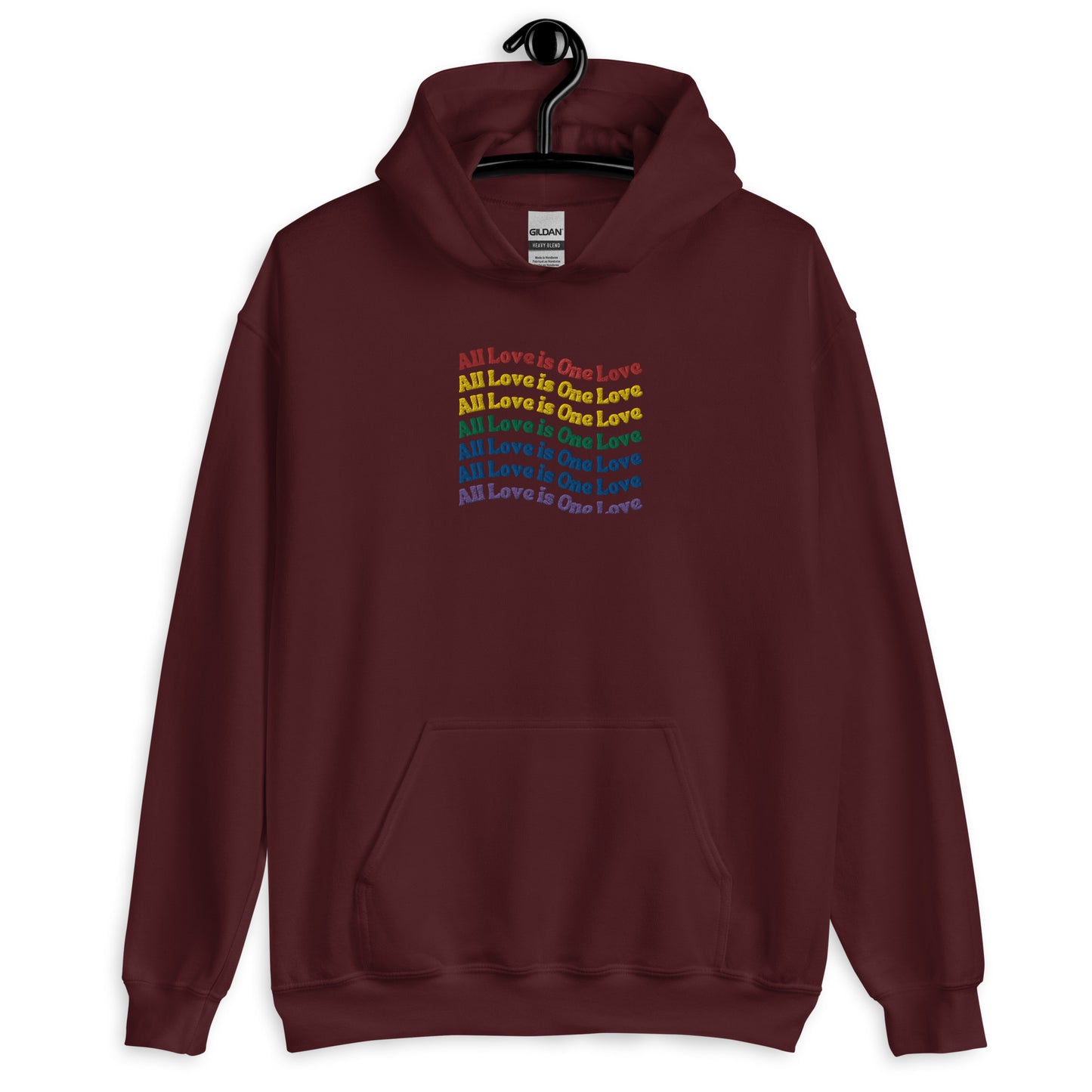 A maroon hoodie with the text 'All Love is one love' printed across the front in a colorful, rainbow gradient design.