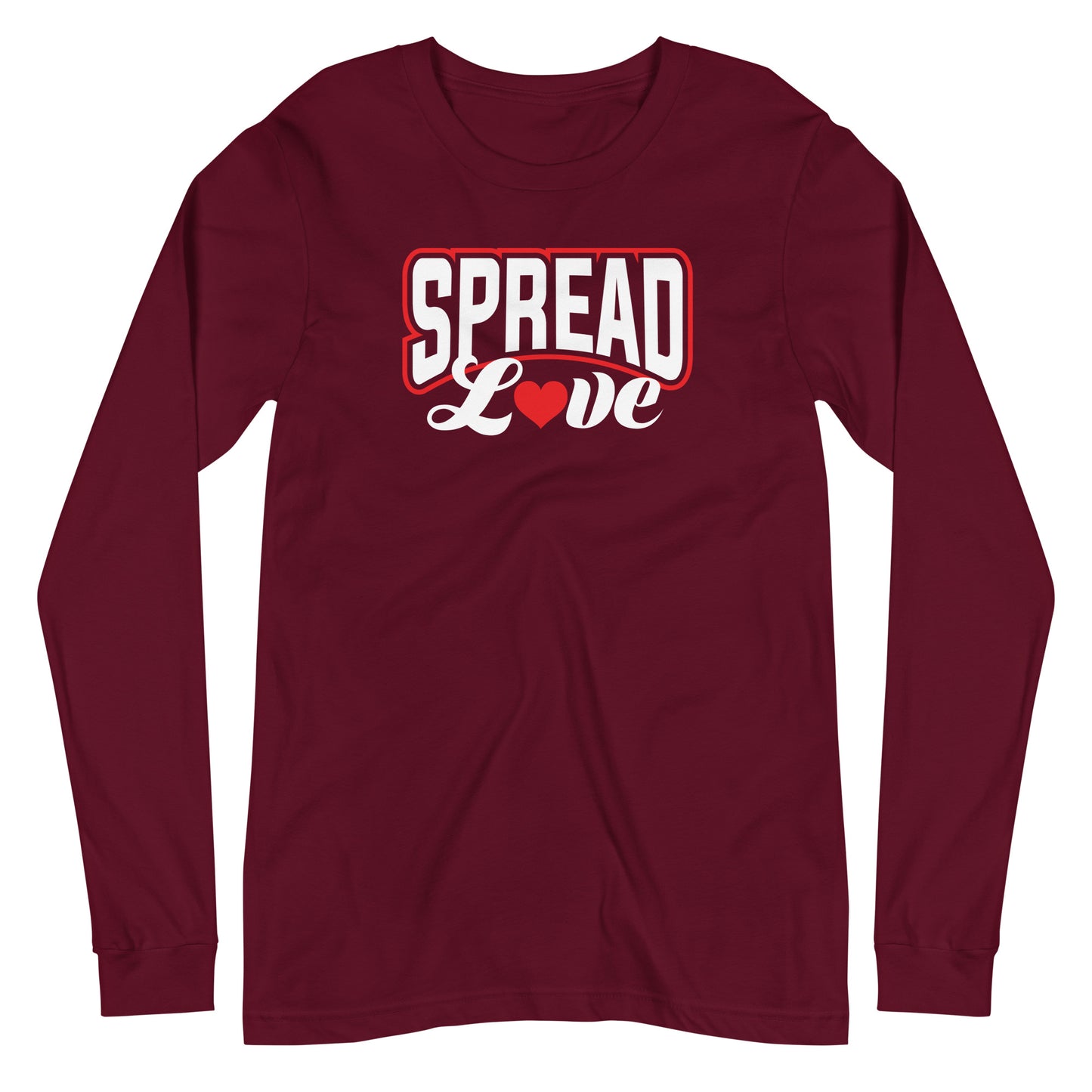 maroon long sleeve t-shirt with "spread love" graphic with red heart replacing the "o" against a white background