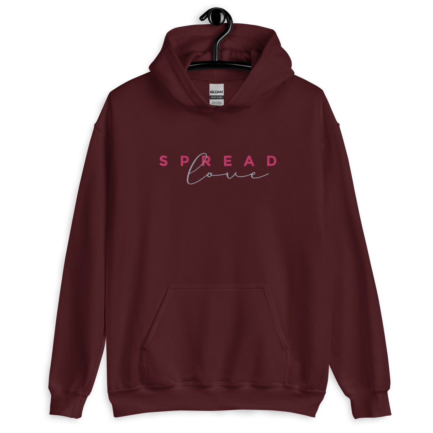 A maroon hoodie with the text 'SPREAD LOVE' in red and gray on the front.