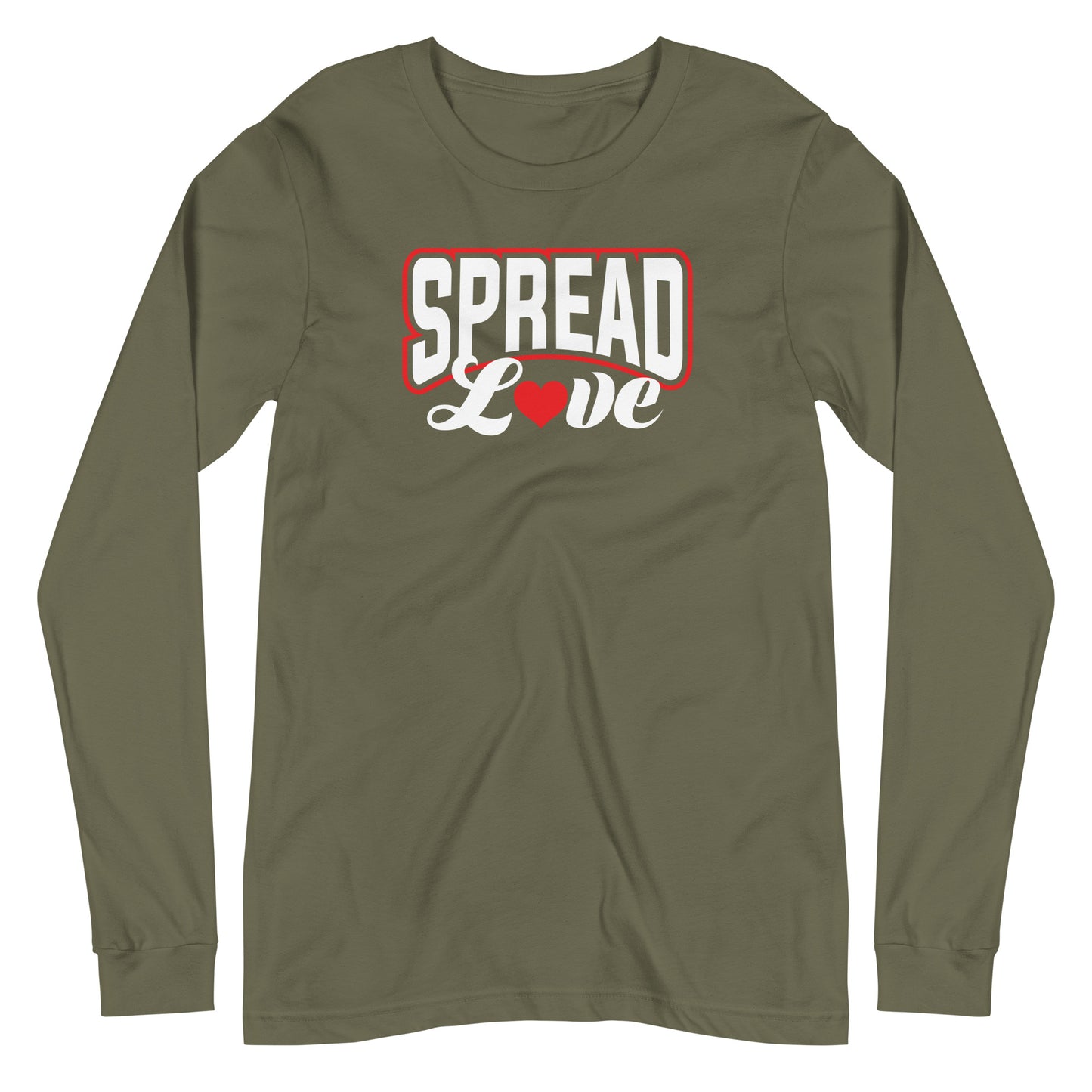 military green long sleeve t-shirt with "spread love" graphic with red heart replacing the "o" against a white background